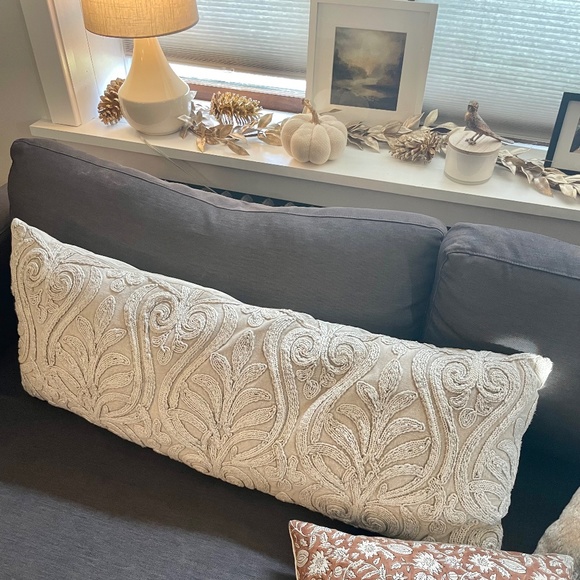 Long embellished embroidered linen neutral earthy cream taupe stone pillow